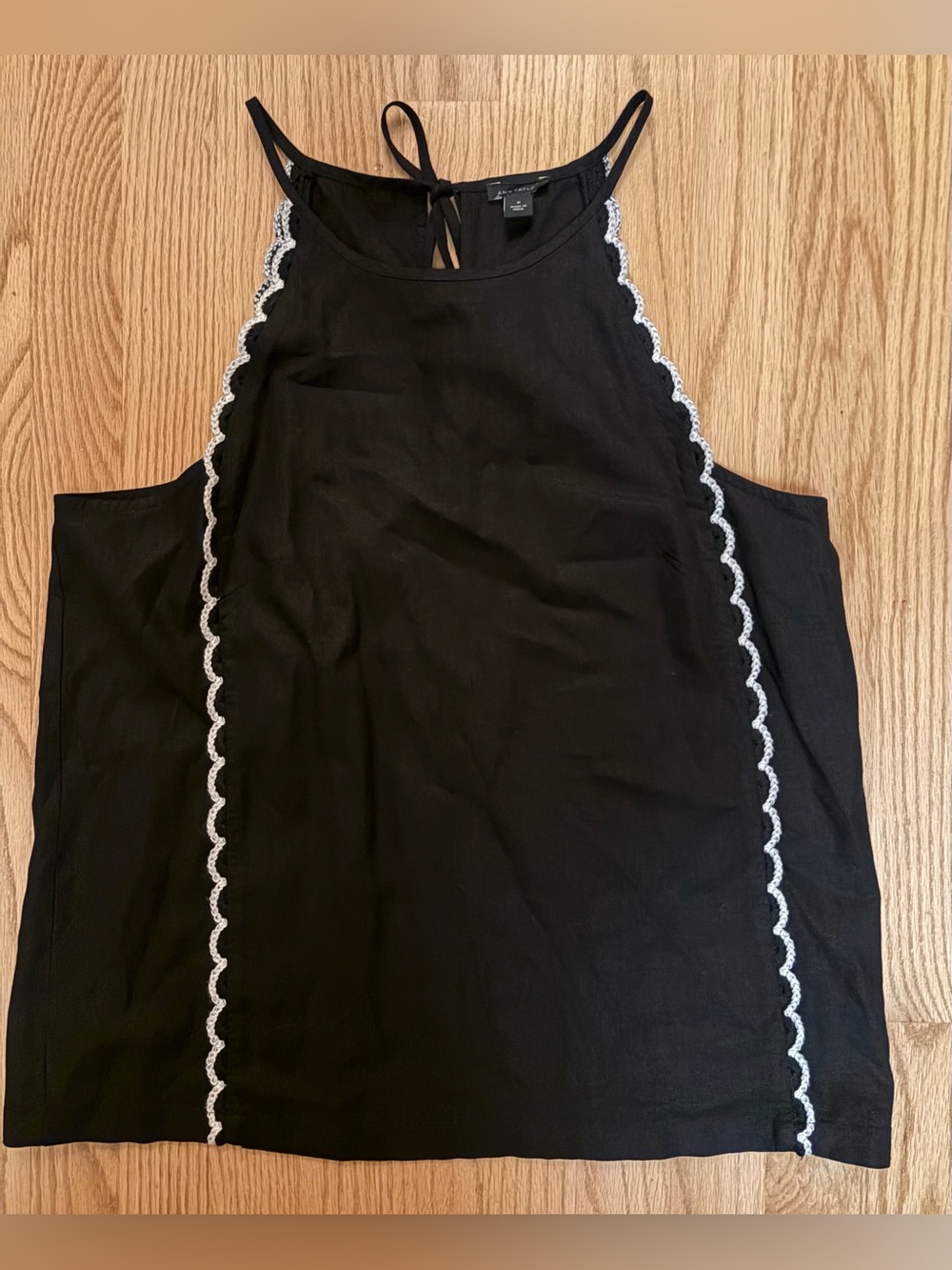 Ann Taylor Black Linen Halter Tank with White Scalloped Trim